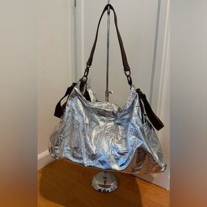 Women's Metallic Silver Shoulder Bag with Brown Straps